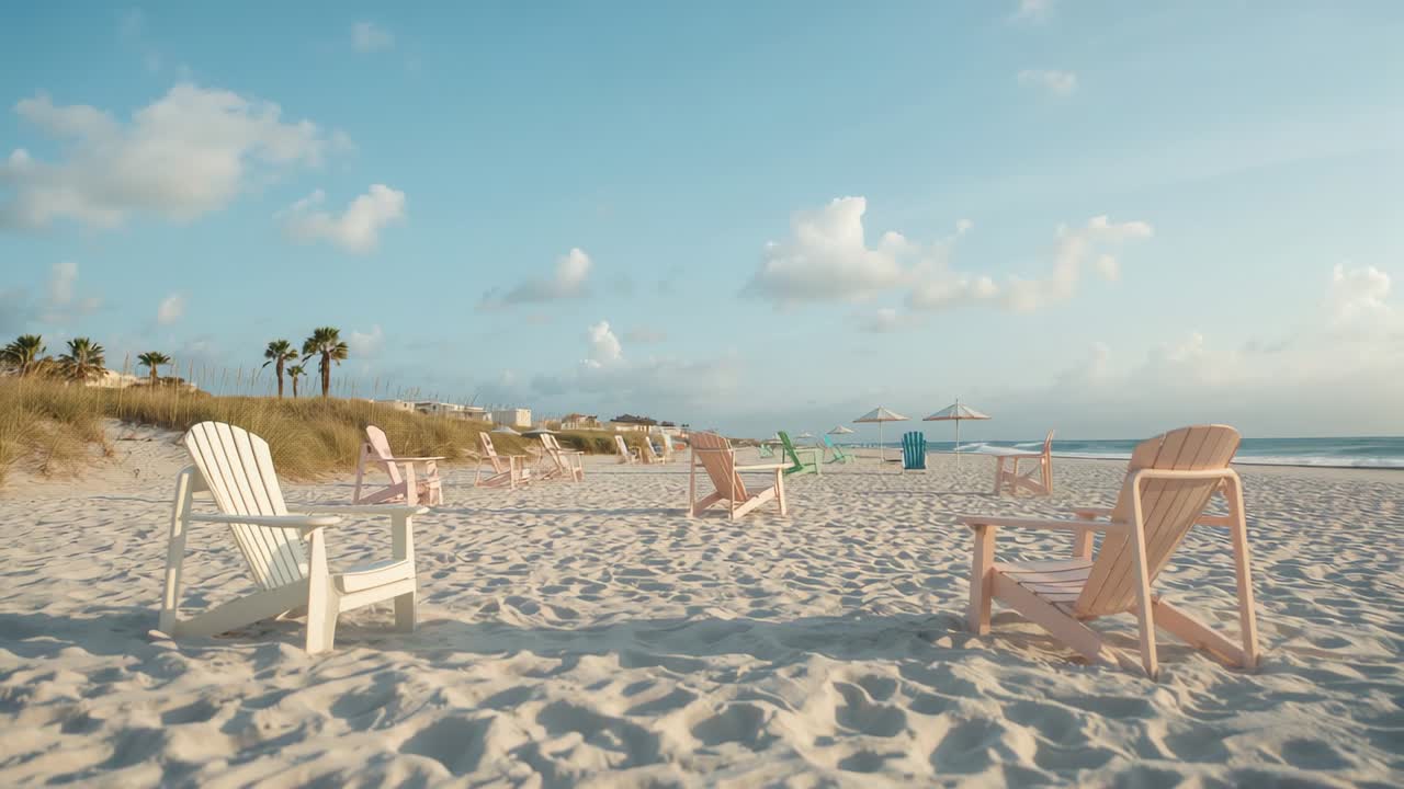 Morning light illuminating pastel Adirondack chairs on beach, highlighting gentle waves rolling