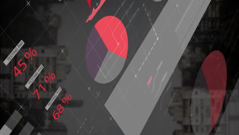 animation of financial data processing over cityscape