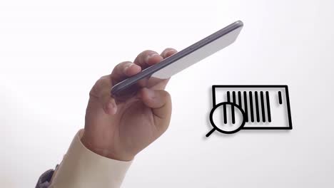 person with suit sleeve, holding a phone and swiping and document animation on the screen