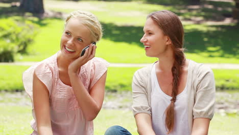 twee meisjes zitten in het park en geven de telefoon heen en weer terwijl ze erover praten.