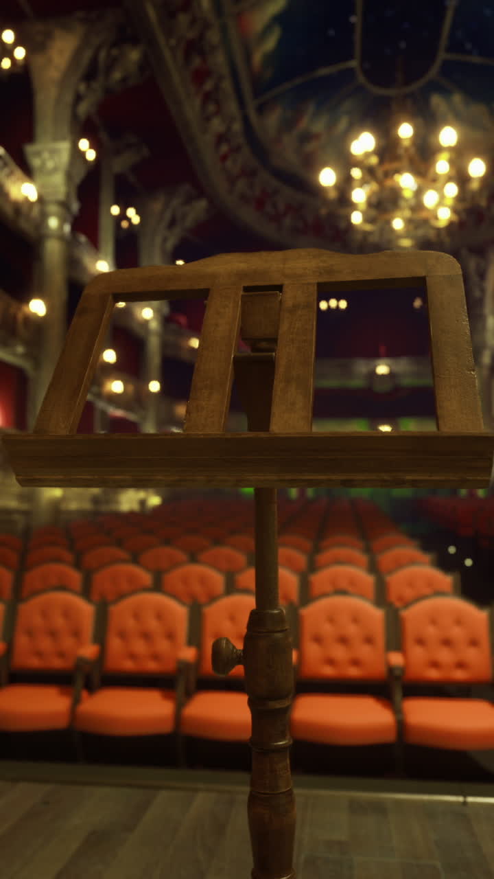 Empty theater stage with ornate surroundings and orange seat rows