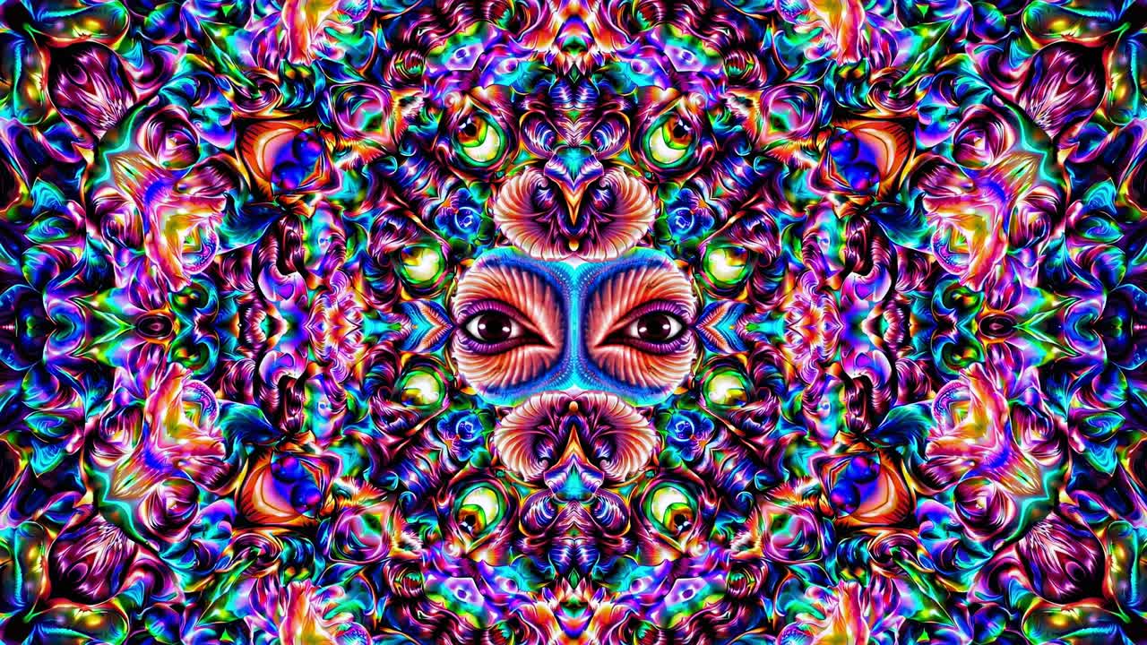 Kaleidoscopic image features a symmetrical arrangement of swirling colors, intricate patterns, and staring eyes, creating a visually captivating and psychedelic experience