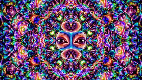 kaleidoscopic image features a symmetrical arrangement of swirling colors, intricate patterns, and staring eyes, creating a visually captivating and psychedelic experience