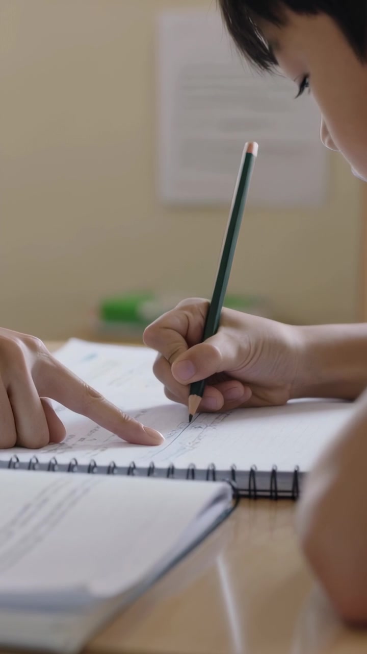 Video verticale: Adulto che indica e guida un bambino che scrive alla scrivania su un quaderno con una matita verde