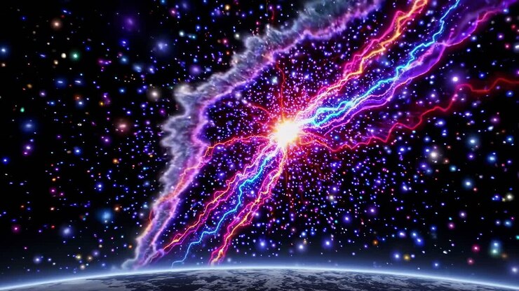 Eine kosmische Videoszene aus der Froschperspektive, die einen sternenübersäten Himmel über dem Erdhorizont zeigt.