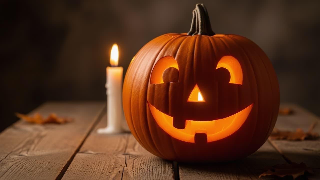 A Festively Carved Pumpkin Glows Brightly Next to a Flickering Candle, Capturing the Spirit of Autumn and Halloween in a Cozy Setting
