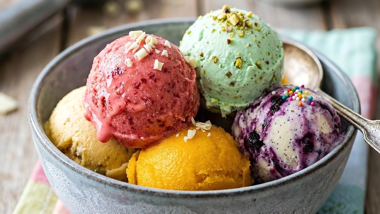 Gelato gourmet assortito in una grande ciotola con gusti di pistacchio e frutti di bosco