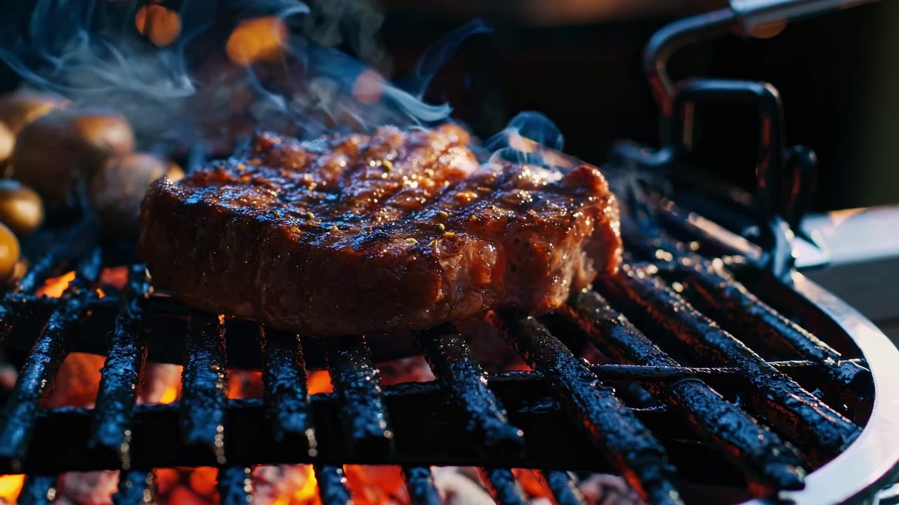 Bistecca di manzo succulenta che sfrigola su una griglia a carbone ardente