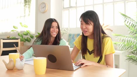 two students studying together with a laptop