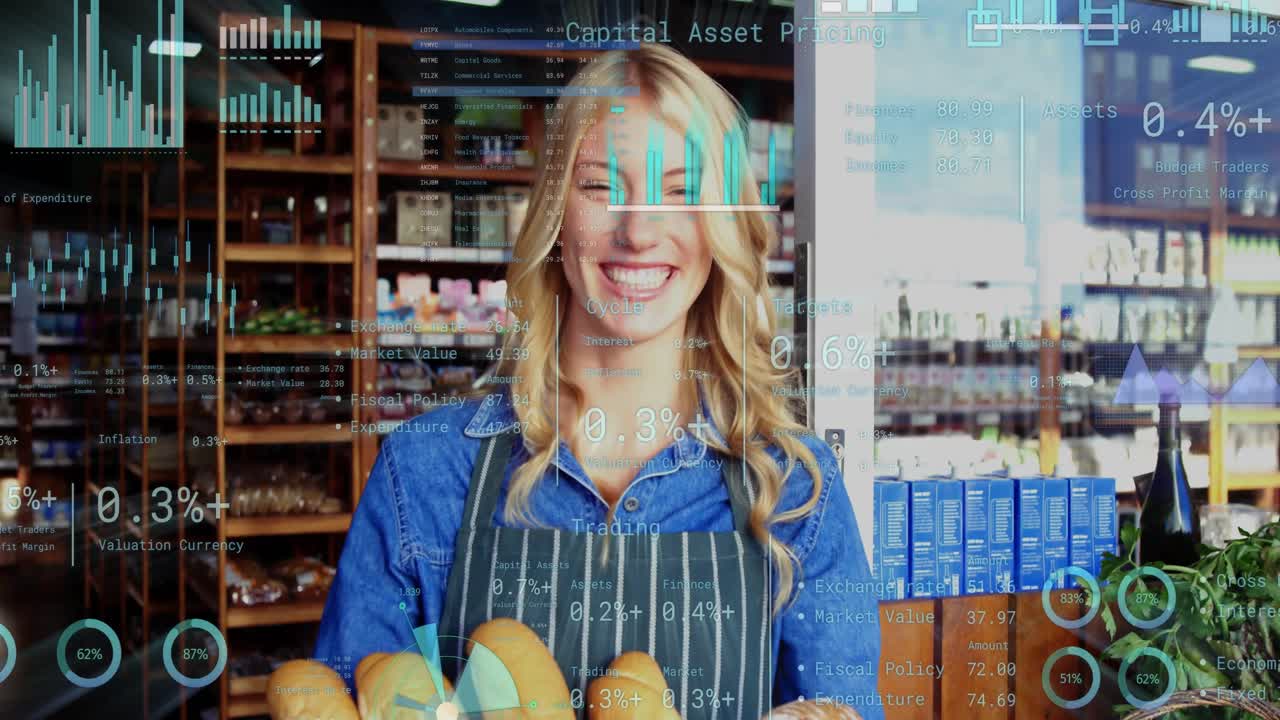 Panettiera che tiene un cesto di pane, la telecamera si allontana rivelando grafici animati che promuovono le vendite