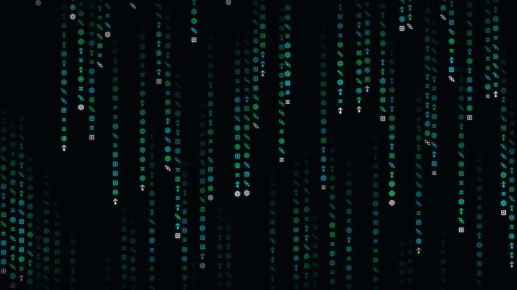 Digital Matrix Code Falling Down on Dark Background