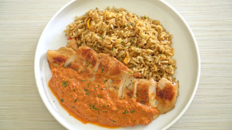 grilled-chicken-steak-with-red-curry-sauce-and-rice---muslim-food-style