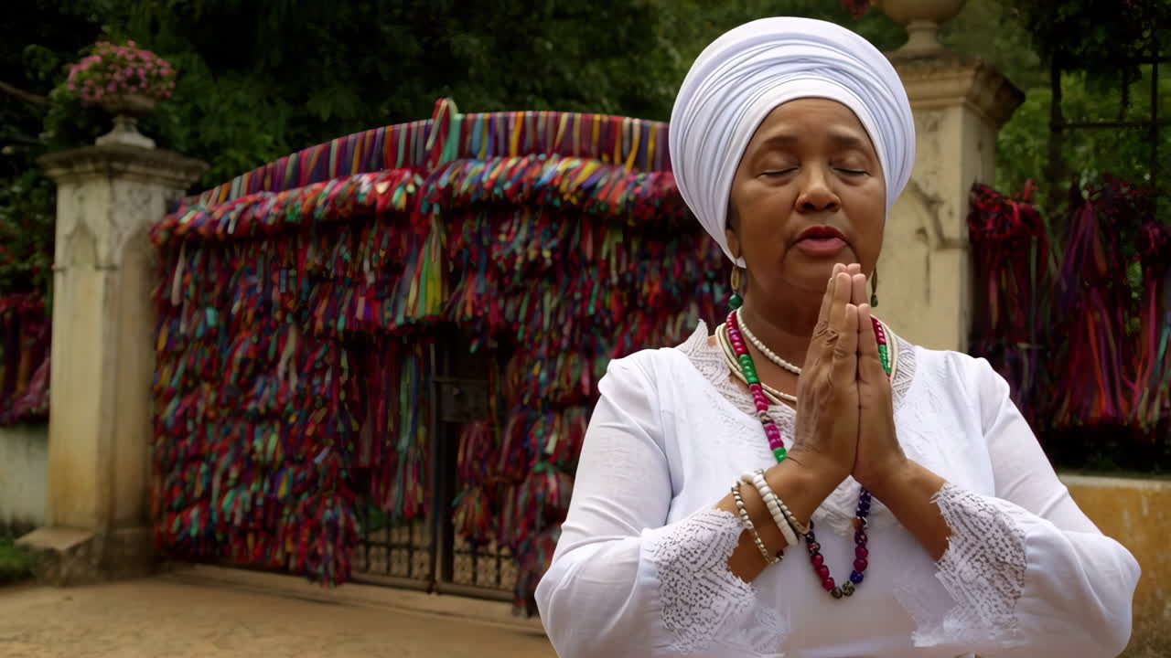 Woman Praying at a Ribbon-Adorned Spiritual Gate