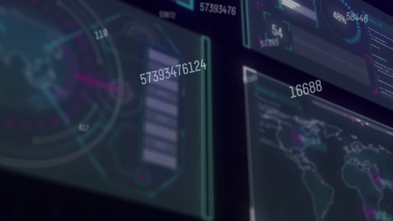 Digital data and analytics animation over futuristic interface with numbers and graphs