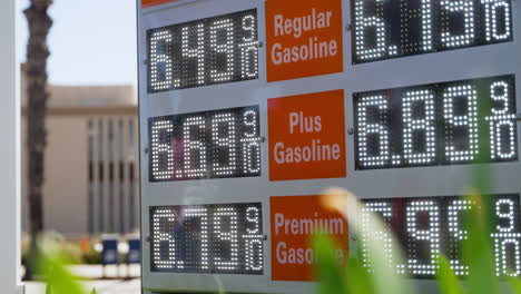 Altos-Precios-De-Gasolina-En-Un-Cartel-De-Gasolinera-En-California,-Tiro-Medio-$6