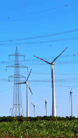 corn filed with wind turbines and electric towers towering above the fields. clear blue sky at backdrop. vertical video.