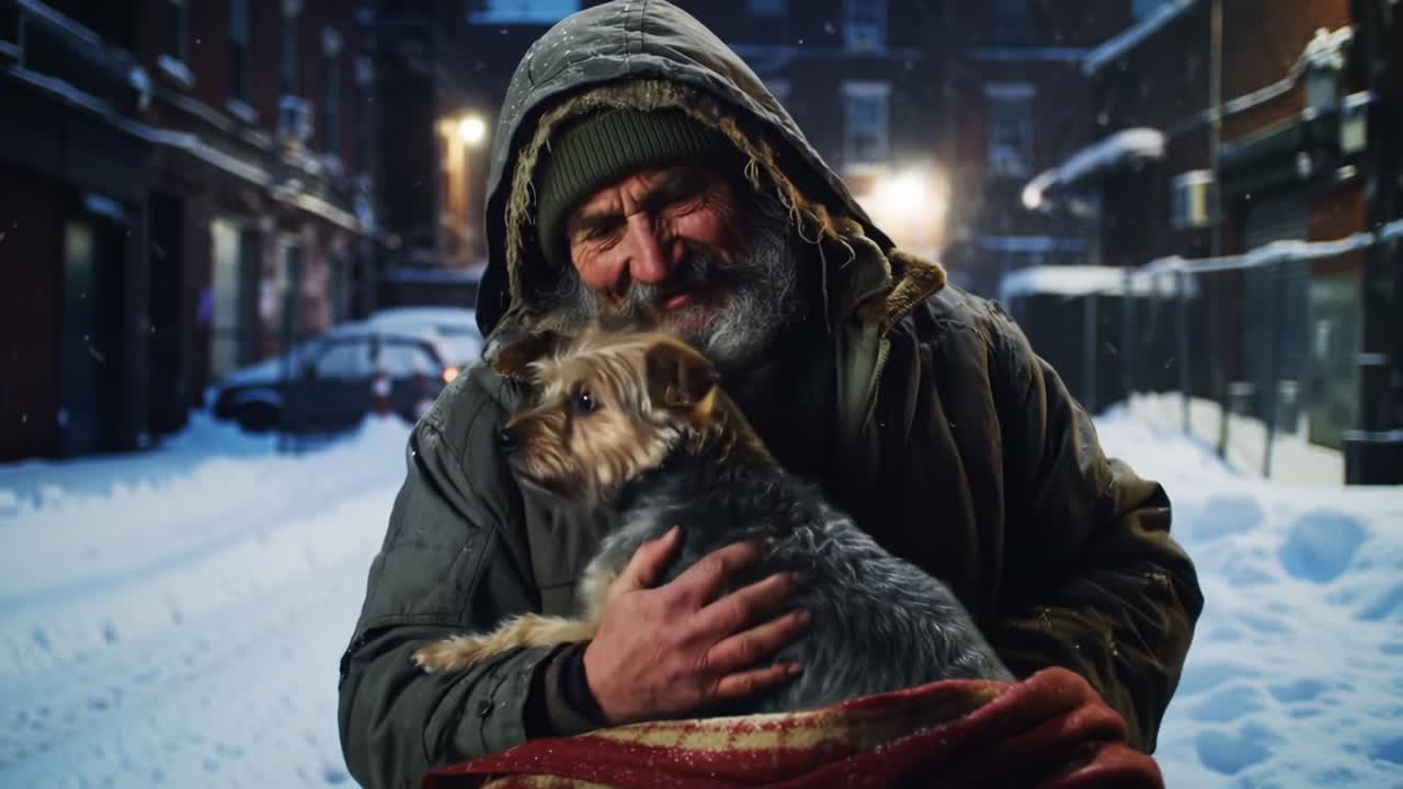 Companionship in the Cold: Heartwarming Moments Between a Man and His Dog Amidst a Snowy Urban Landscape, Highlighting Love and Resilience Against Harsh Conditions