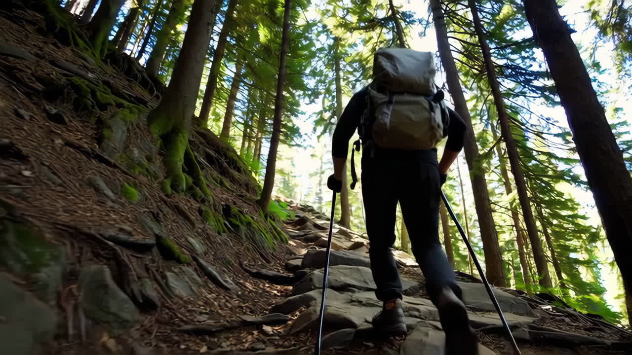 Hiker ascending a mountain trail in a dense forest