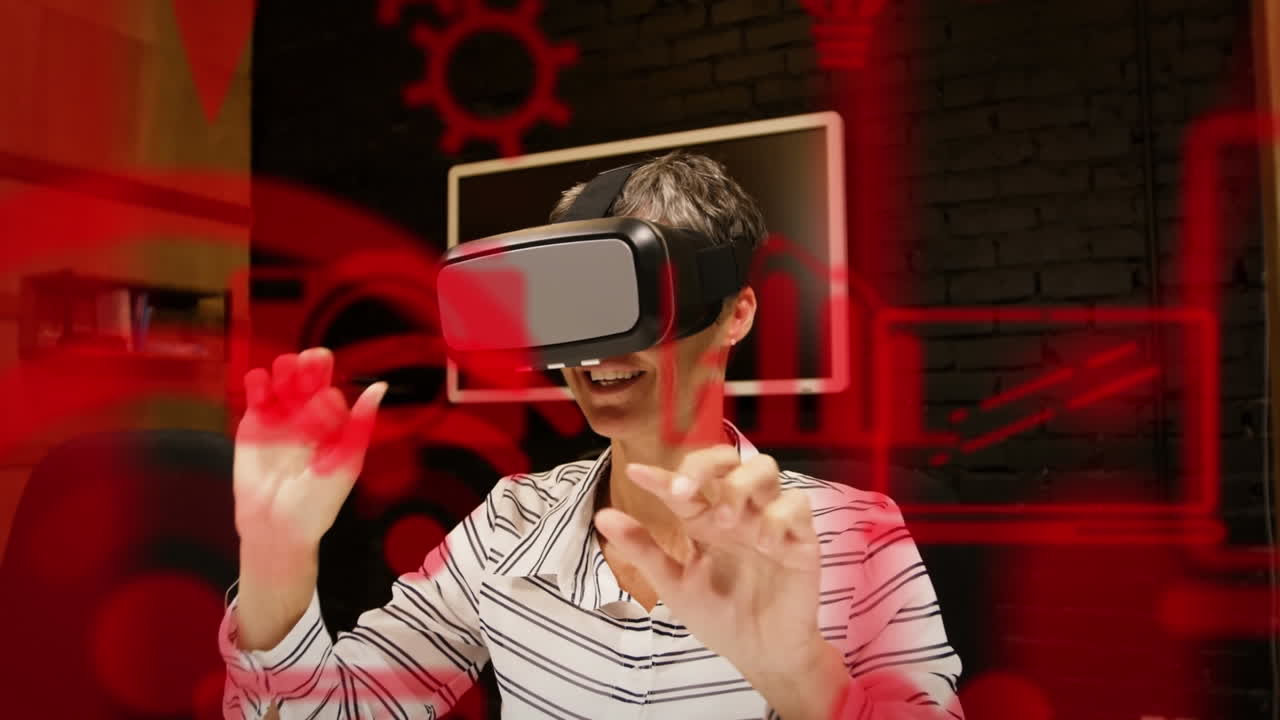 анимация икон социальных сетей над кавказской женщиной в vr-гарнитуре