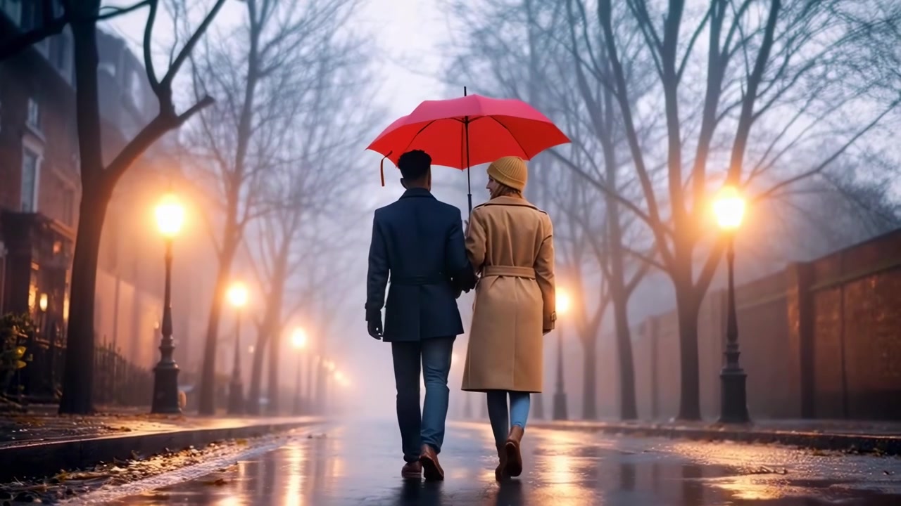 Couple Walking Together Under Red Umbrella on Rainy City Street