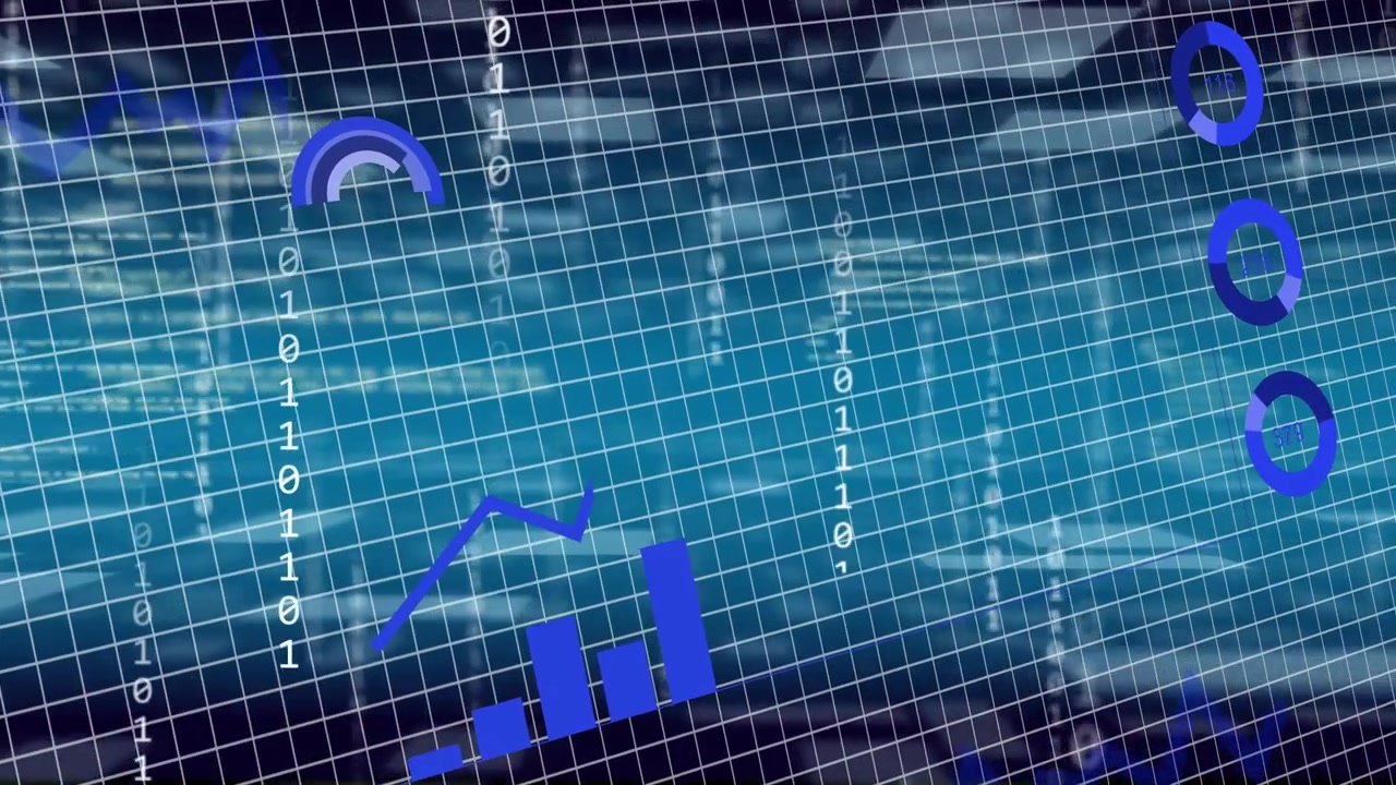 HUD building as tilted grid shifting bars rising bit columns falling meters forming showing trends