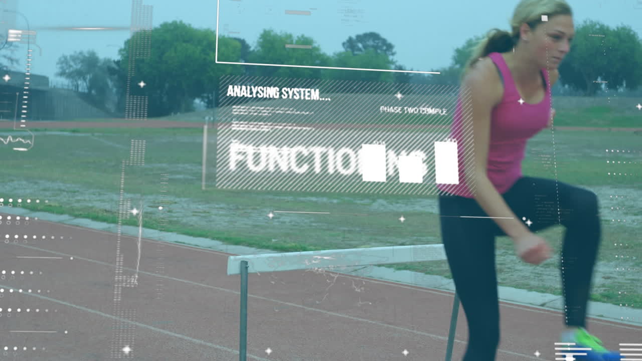 Data processing against female athlete jumping over hurdles