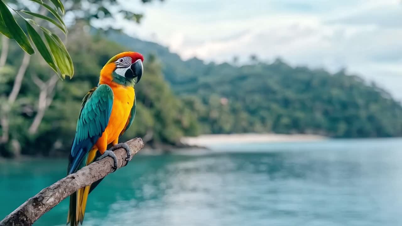 Colorful Macaw Perched Above a Tropical Bay