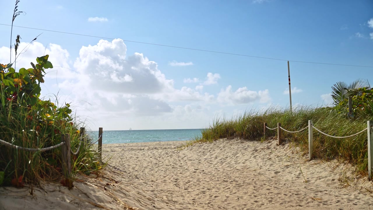 Sandy path to the ocean through coastal dunes, Miami Beach, Florida. Rope fence lines lead toward turquoise water under partly cloudy sky.