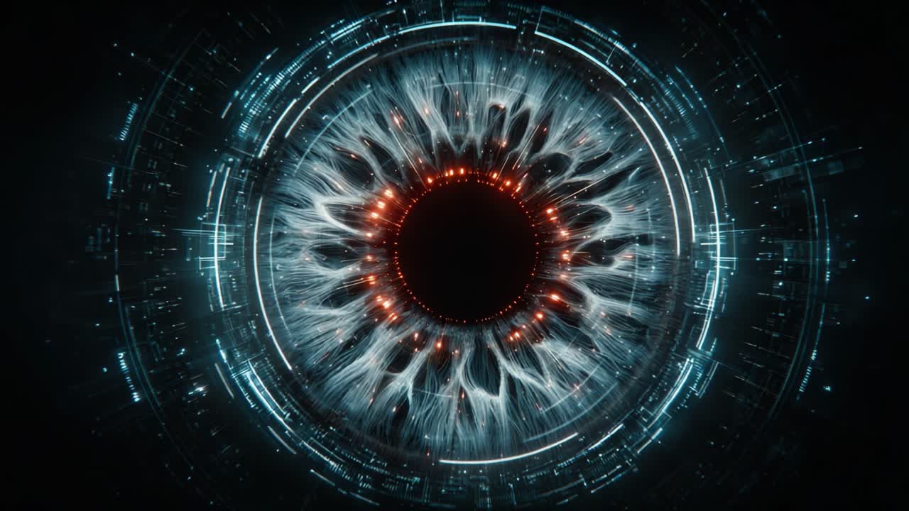 Un intricato design di occhio digitale, caratterizzato da elementi futuristici e motivi illuminati, che cattura un'esperienza visiva misteriosa e coinvolgente.