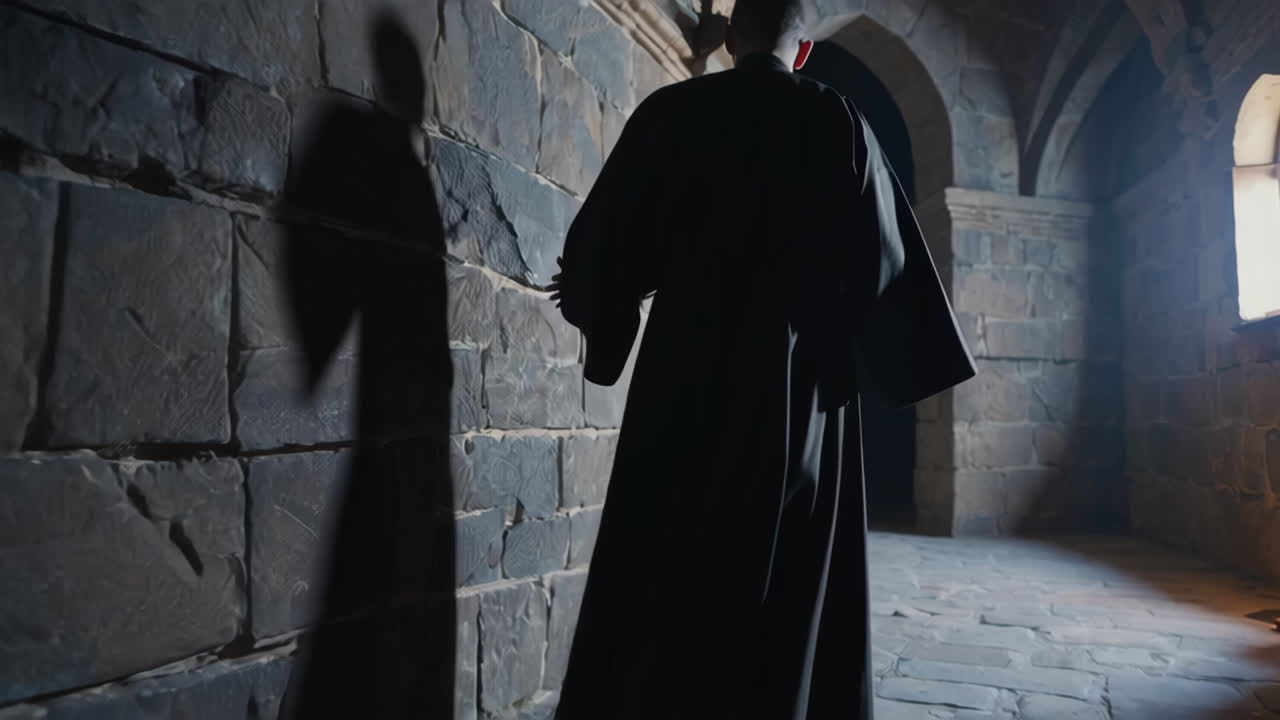 Monk in a Monastery Corridor