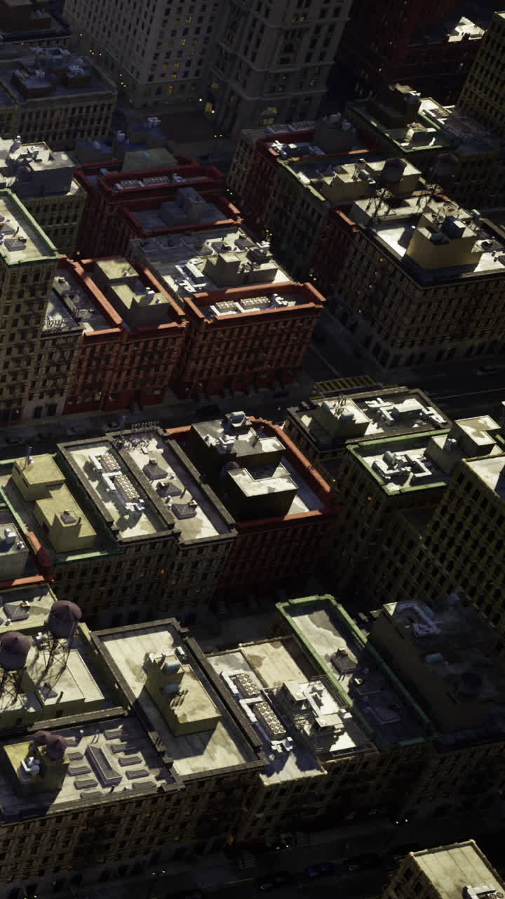 Vista di edifici cittadini dall'alto di giorno con i tetti visibili.