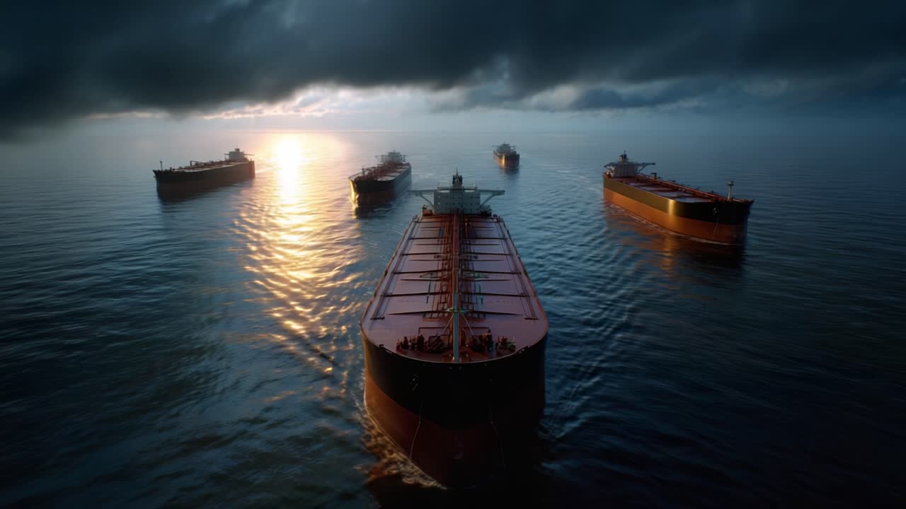 Grandi petroliere navigano tranquillamente su acque scure al tramonto. Il cielo si oscura con nuvole temporalesche che incombono. Il sole risplende delicatamente attraverso la nebbia, riflettendosi sulla superficie dell'acqua. Le navi si muovono costantemente verso l'osservatore.