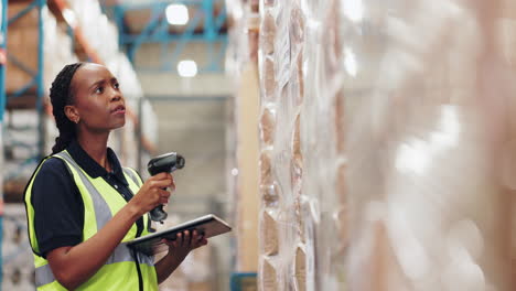 warehouse worker scanning inventory with barcode scanner and tablet