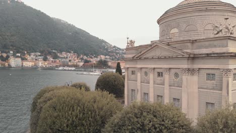 Close-up-view-of-The-Tempio-Voltiano,-Volta-Temple,-on-the-promenade-near-Lake-Como,-Italy