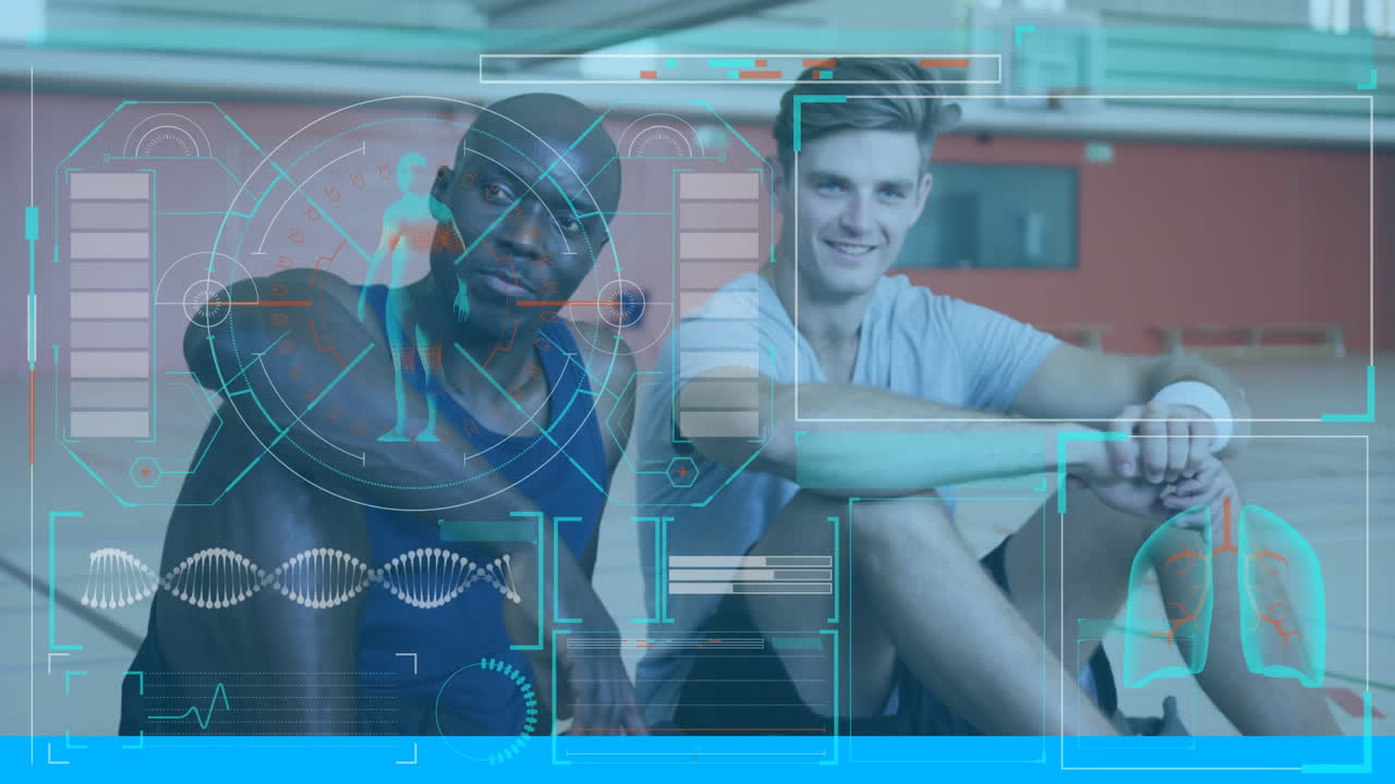 animación de la interfaz digital de procesamiento de datos médicos sobre sonrientes atletas varones diversos descansando