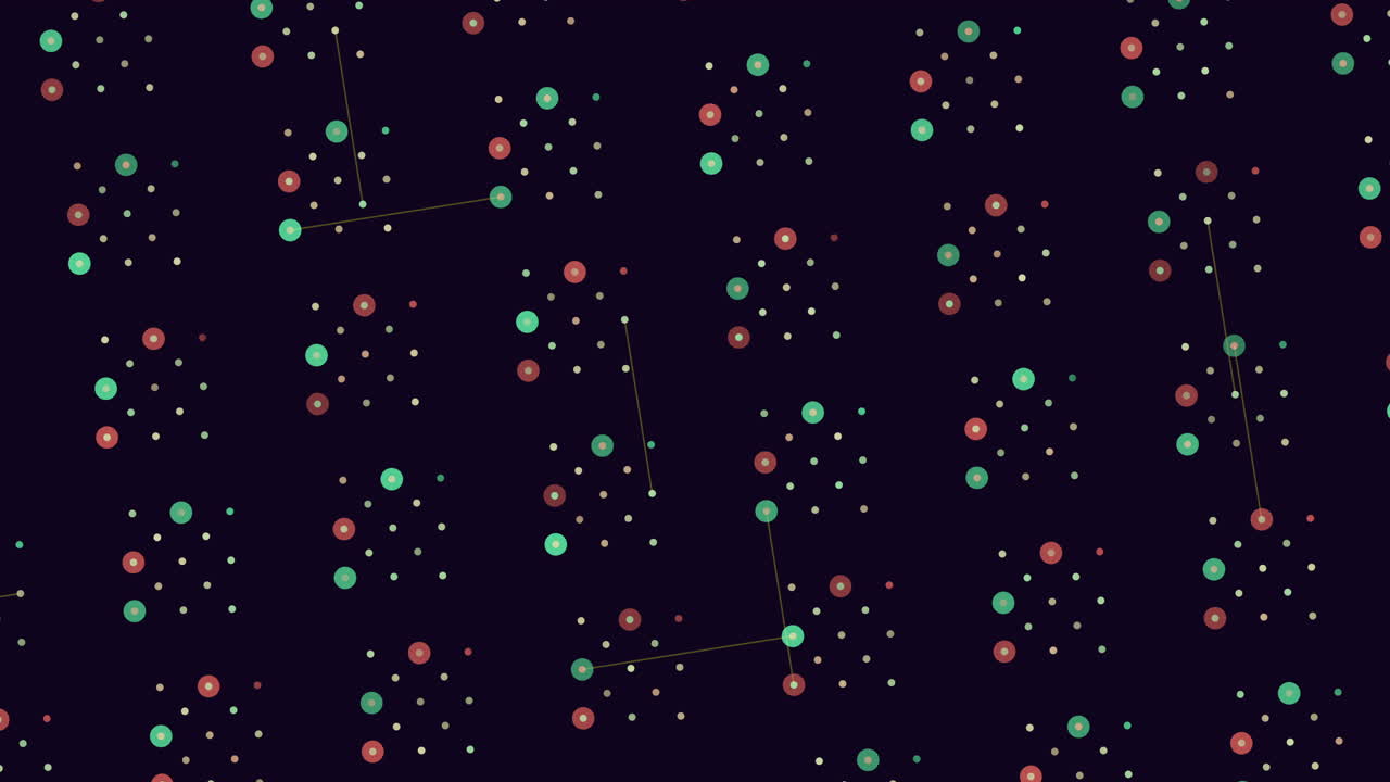 An image showcasing a random pattern of multicolored dots on a black background. The dots vary in shades of green and purple, creating a visually intriguing and chaotic design