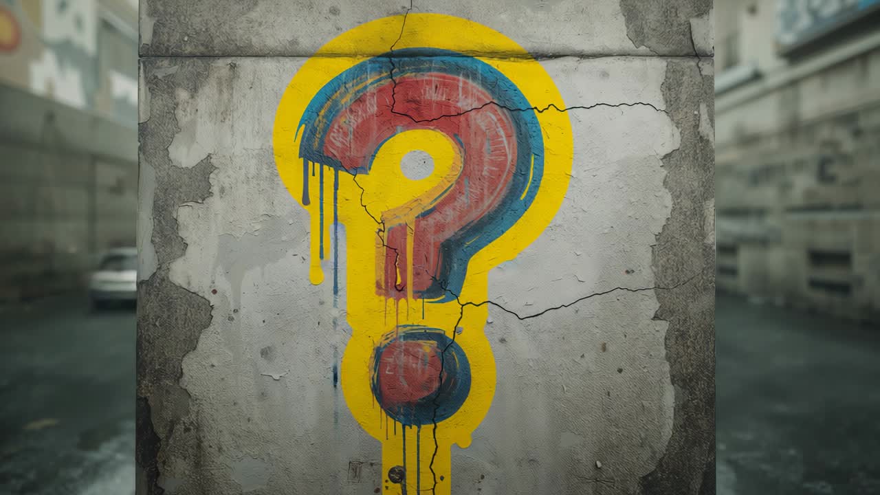 After red-blue drips, artist spraying yellow paint around question mark on concrete wall