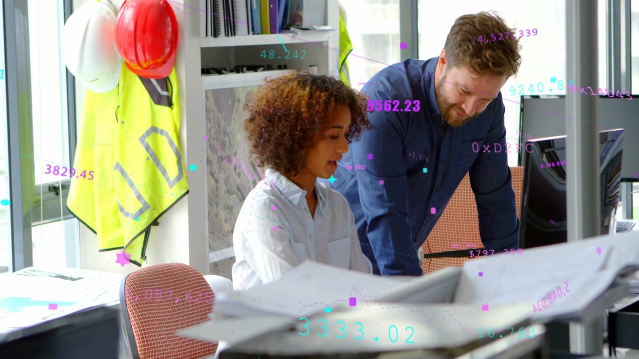 Lead leaning to point at plans, woman following and marking, animated numbers guiding construction