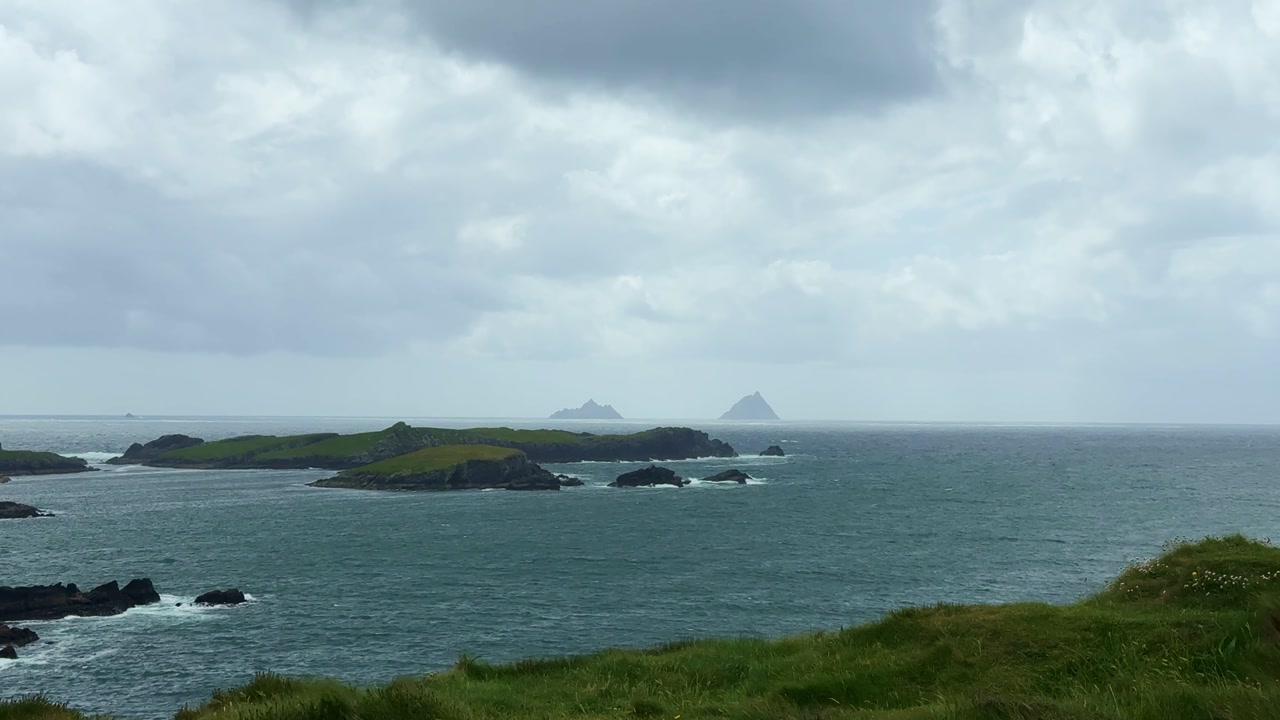 Ireland travels and Epic Locations view od The Skellig Islands From Kerry sea cliffs on a moody cloudy day