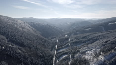 Toma-Aérea-Del-Pintoresco-Paisaje-Montañoso-Alpino-De-Invierno,-Valle-Prístino-Y-árboles-Cubiertos-De-Nieve