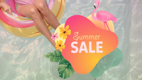 summer sale text animation over person relaxing in pool with flamingo and flowers