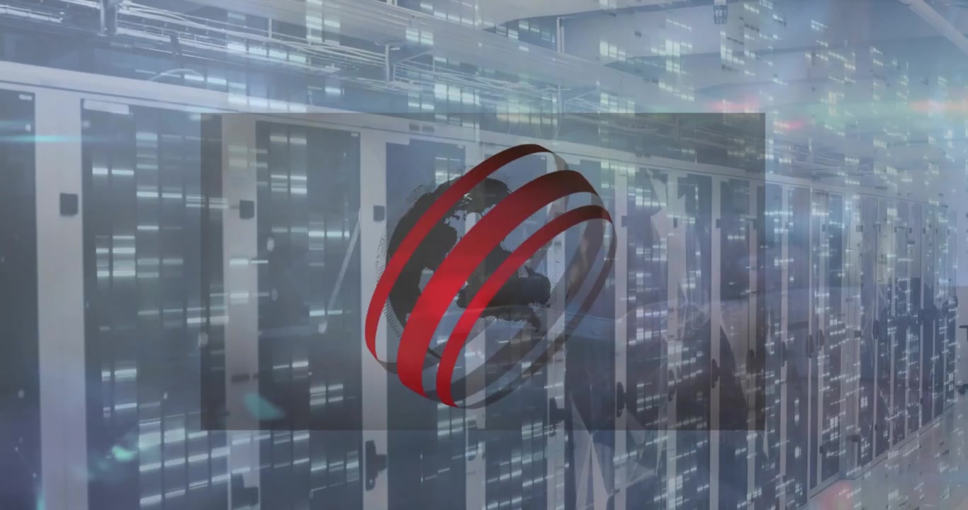 Rotating Globe Graphic Over Data Center Server Room Background