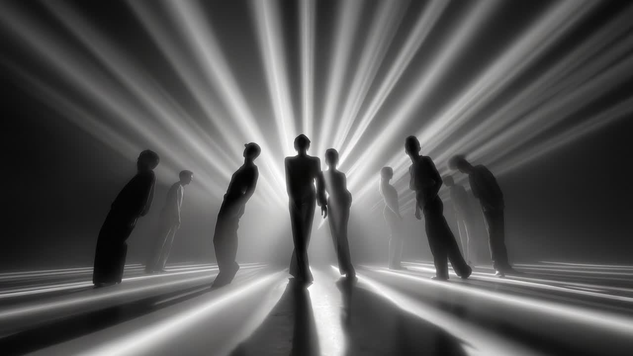 A captivating performance set against striking beams of light, highlighting dynamic silhouettes, evoking emotion through movement and artistry in an artistic black and white ambiance