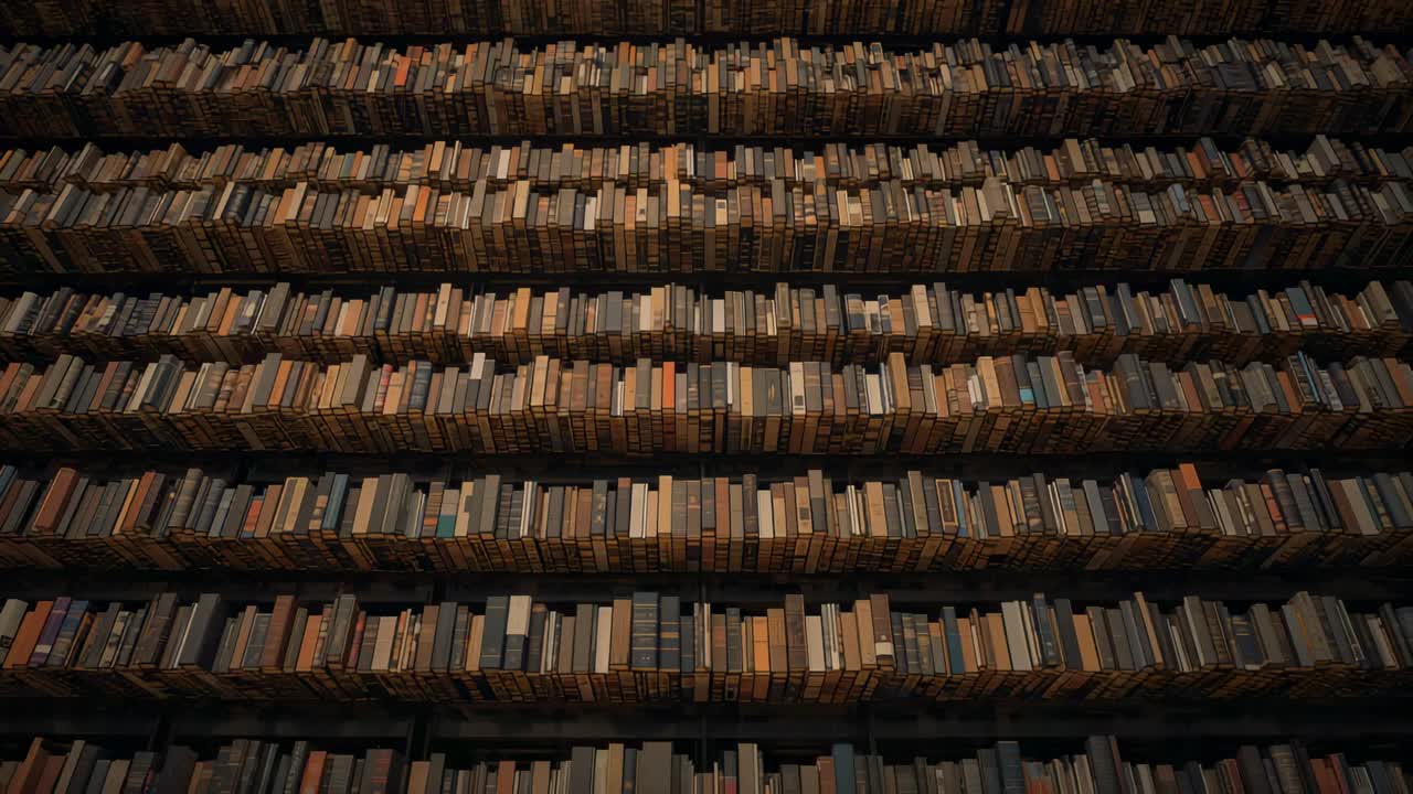 Drifting camera revealing vertical slices of shelves at library showing tight spines and warm light