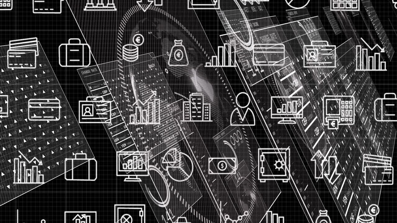animación de iconos digitales sobre la interfaz con el procesamiento de datos contra un fondo negro