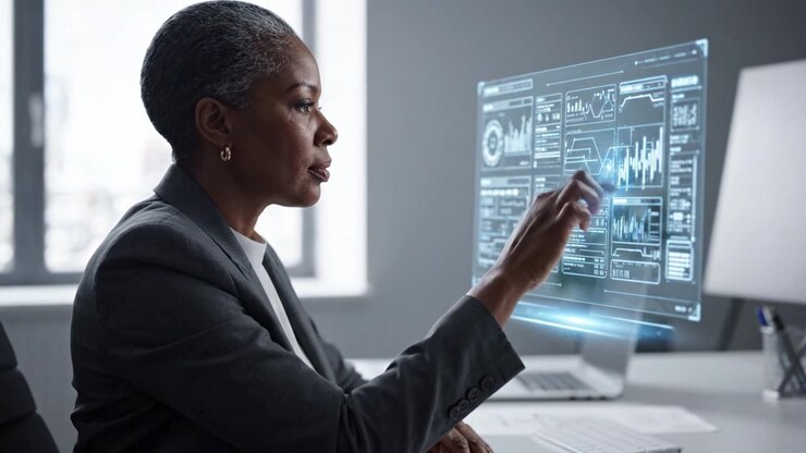 Professional Woman Analyzing Data with Advanced Technology at Modern Desk in Office Environment, Focused on Analytics and Digital Insights for Decision Making