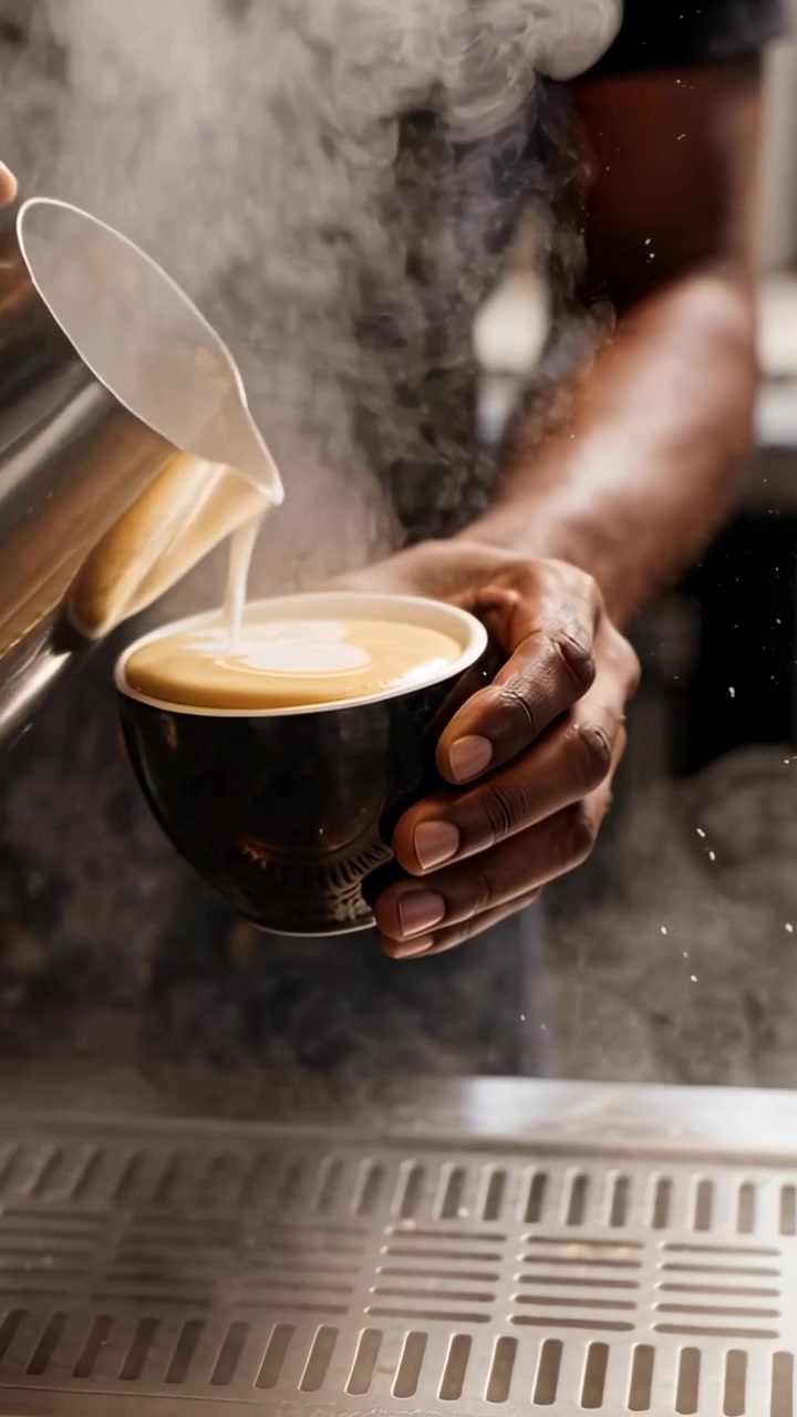 Video verticale: Mani di barista con grembiule che inclinano una lattiera e versano latte in una tazza da caffè, formando un cuore.