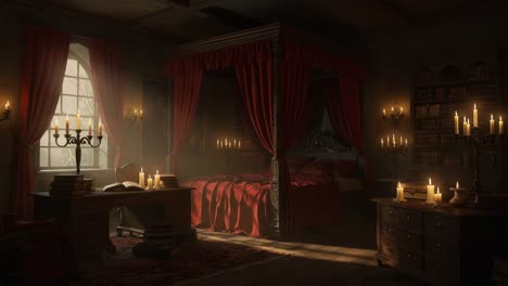 an eloquent study of a luxurious bedroom, bathed in candlelight, where shadows dance among the rich red drapery and soft furnishings for a cozy yet regal ambience