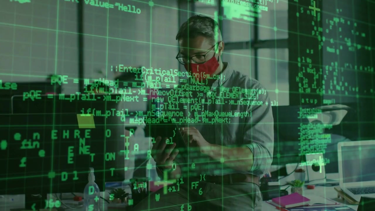 Vertical video: Dev tapping tablet causing green code veil hiding then showing face while testing