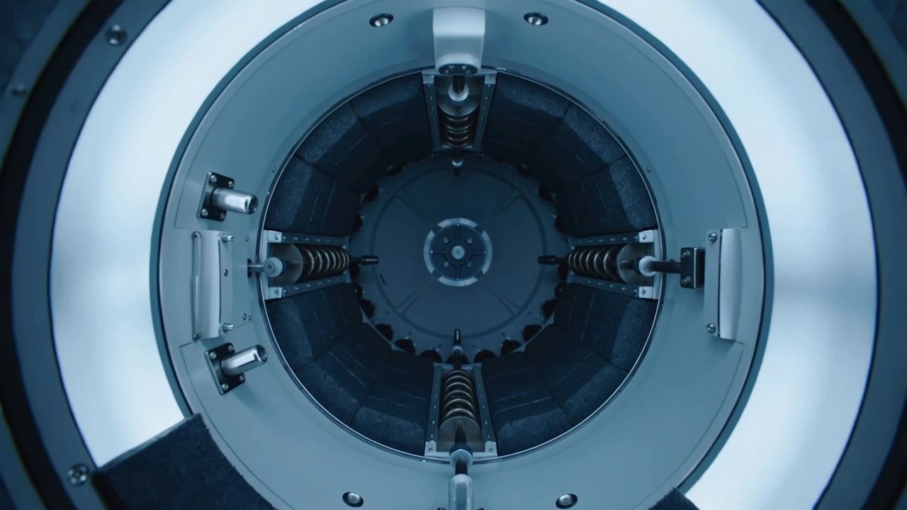 Starting camera moving inward into circular chamber in lab inspecting ring light springs rotor